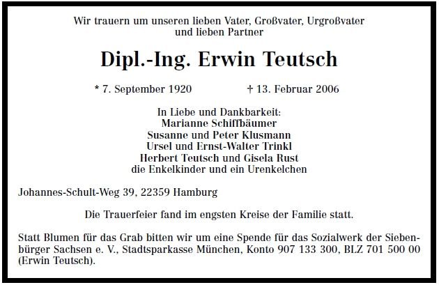 Teutsch Erwin 1920-2006 Todesanzeige